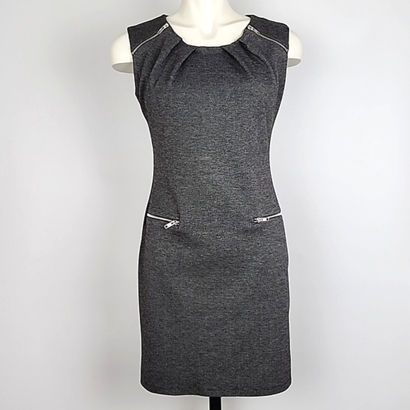 ENFOCUS Studio Dress Heathered Grey Round Pleated Neckline Zippers Stretch Sz 6 - Picture 1 of 14